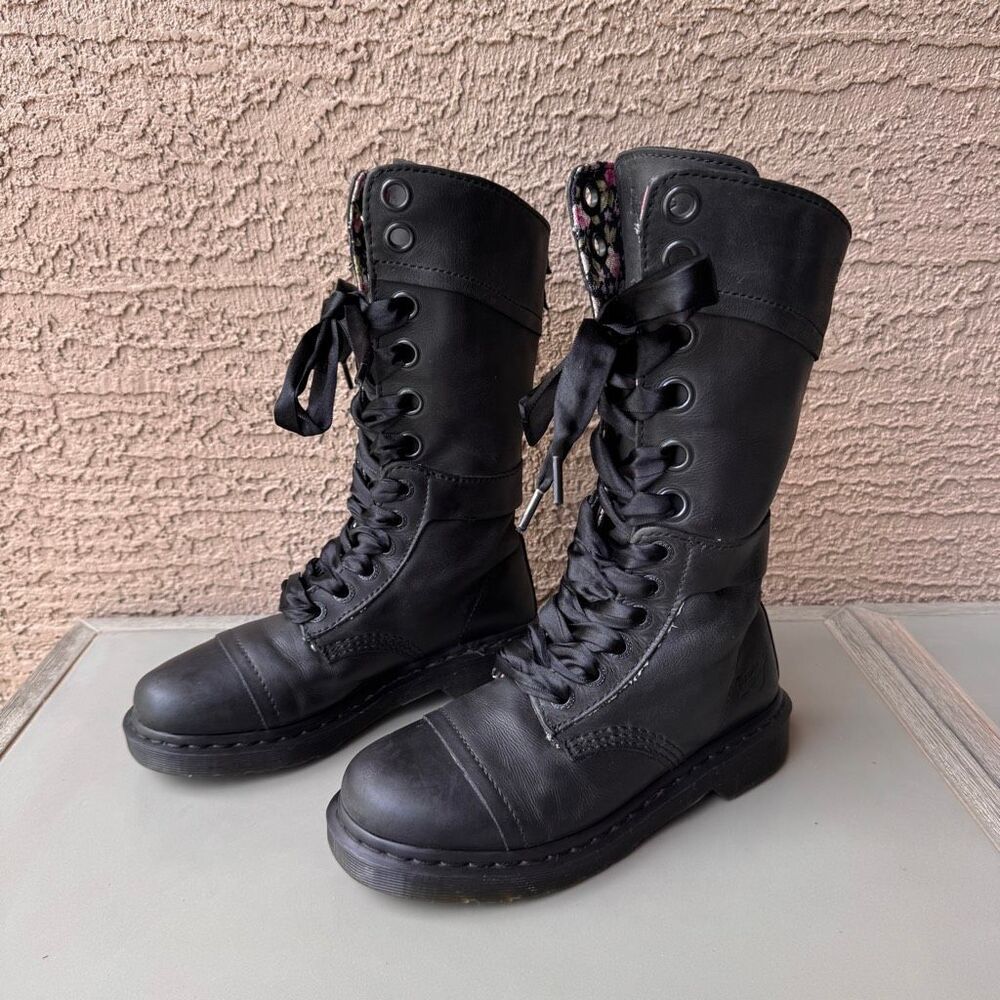 Dr Martens Triumph Boots Women 7 Black Pink Floral Foldover Tall Combat Military
